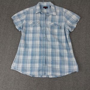 WOLVERINE WOMEN BLUE WHITE PLAID SHORT SLEEVE WORK WESTERN BUTTON FRONT SHIRT XL